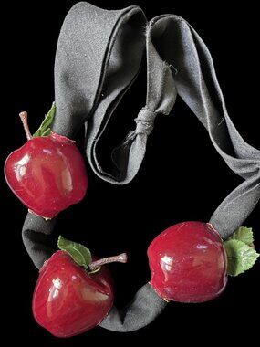 Vintage 80s 90s Teacher Apple Necklace Red Paper Mache Black